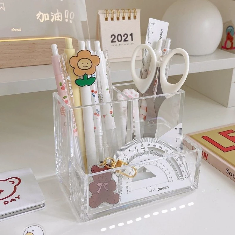 Home Office Tech Gadgets - Simple Acrylic Transparent Three-compartment Pen Holder